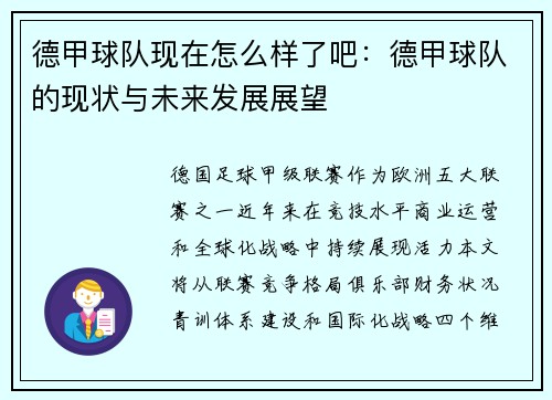 德甲球队现在怎么样了吧：德甲球队的现状与未来发展展望